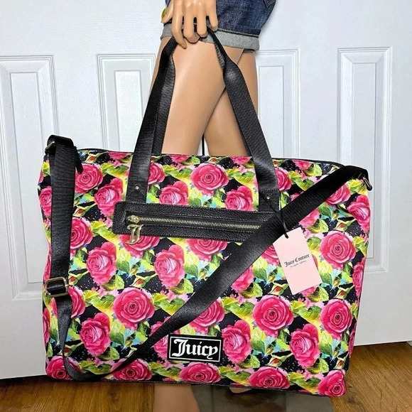 Juicy Couture Black Multi Rose Print Overnight Weekender Duffle Travel Bag - Picture 4 of 12